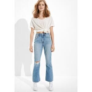 Women's American Eagle Distressed Hi Rise Flare Jean size 8 Short Bohemian